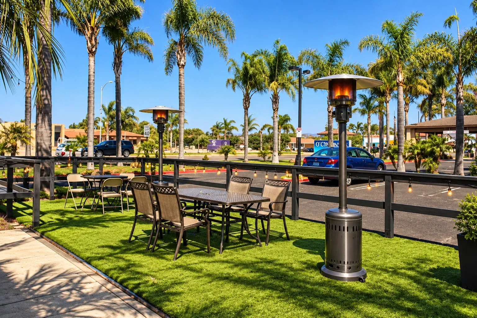 The Bistro's outdoor patio: tables and chairs on the lawn, patio heaters and palm trees