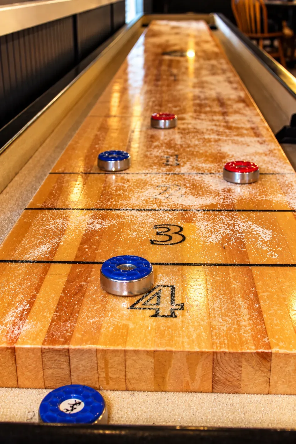 A shuffleboard table, with pucks on the scored end